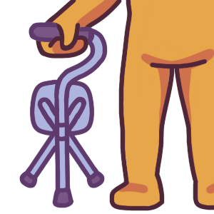 A person standing with their cane, which has an offset ergonomic handle and a pop-out stool attachment.